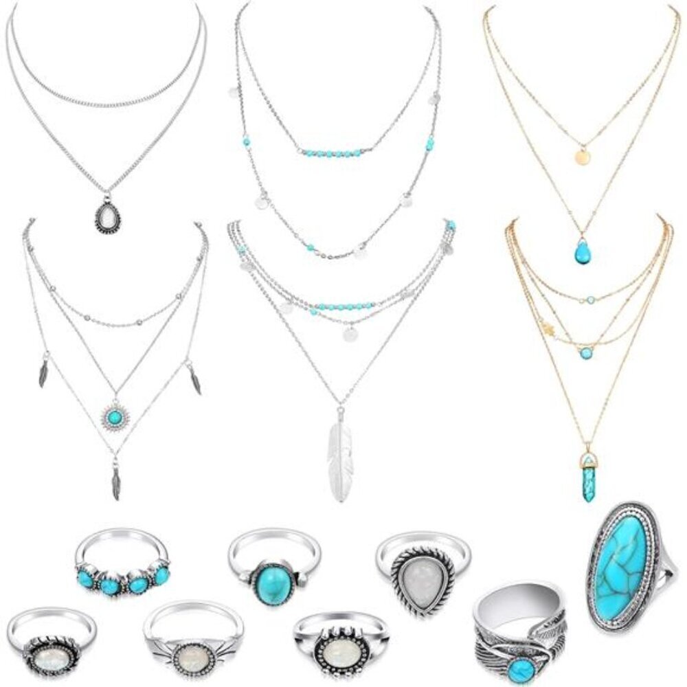 14 Pcs Western Jewelry for Women Boho Turquoise Necklace Rings Jewelry